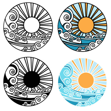 sun and waves icon vector symbol illustration outline style design. Vector set of sea landscape label, badge isolated on whiteのイラスト素材