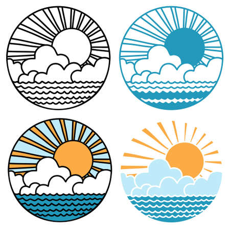 sun and waves icon  vector symbol illustration outline style design. Vector set of sea landscape label, badge isolated on whiteのイラスト素材
