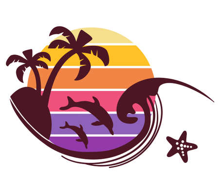 sun and waves icon   vector symbol illustration outline style design. Vector set of sea landscape label, badge isolated on whiteのイラスト素材