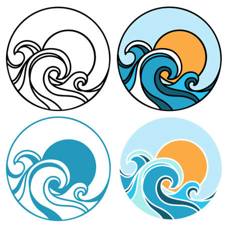 sun and waves icon vector symbol illustration outline style design. Vector set of sea landscape label, badge isolated on whiteのイラスト素材