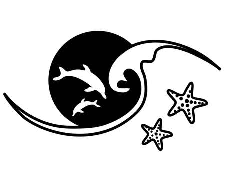 sun and waves icon vector symbol illustration outline style design. Vector set of sea landscape label, badge isolated on whiteのイラスト素材