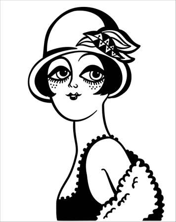 Vintage woman portrait in 1920s style fashion with cloche hat and dress. Vector retro style flapper girl isolated on whiteのイラスト素材