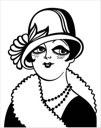 Vintage woman portrait in 1920s style fashion with cloche hat and dress. Vector retro style flapper girl isolated on whiteのイラスト素材