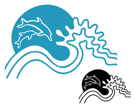 sun and waves icon vector symbol illustration outline style design. Vector set of sea landscape label, badge isolated on whiteのイラスト素材
