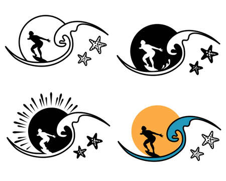 Surfing color vector illustration. Surfer man drive big sea waves and sunshine printable vector symbol illustrationのイラスト素材