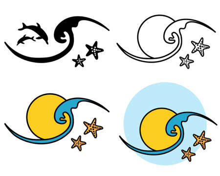 sun and waves icon vector symbol illustration outline style design. Vector set of sea landscape label, badge isolated on whiteのイラスト素材