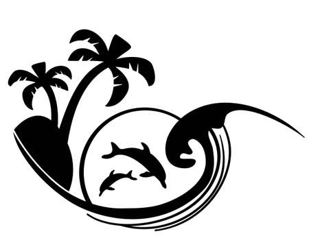 sun and waves icon vector symbol illustration outline style design. Vector set of sea landscape label, badge isolated on whiteのイラスト素材