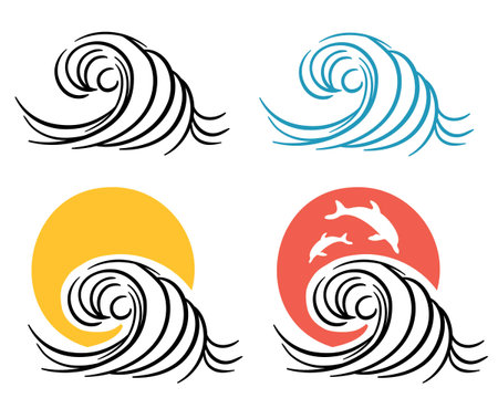 sun and waves icon vector symbol illustration outline style design. Vector set of sea landscape label, badge isolated on whiteのイラスト素材