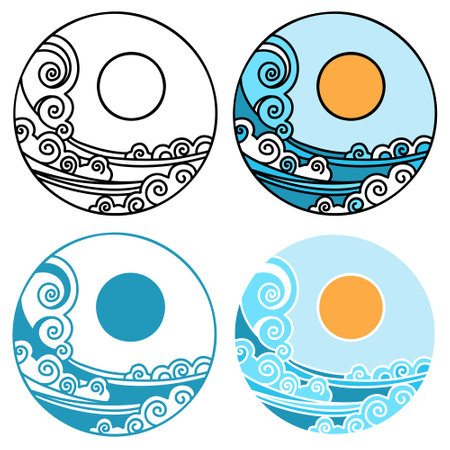 sun and waves icon vector symbol illustration outline style design. Vector set of sea landscape label, badge isolated on whiteのイラスト素材