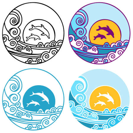 sun and waves icon  vector symbol illustration outline style design. Vector set of sea landscape label, badge isolated on whiteのイラスト素材