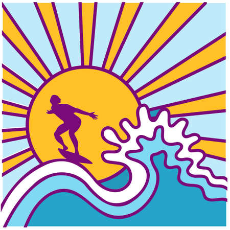Surfing color vector illustration. Surfer man drive big sea waves and sunshine printable vector symbol illustrationのイラスト素材