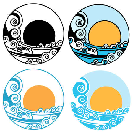 sun and waves icon  vector symbol illustration outline style design. Vector set of sea landscape label, badge isolated on whiteのイラスト素材