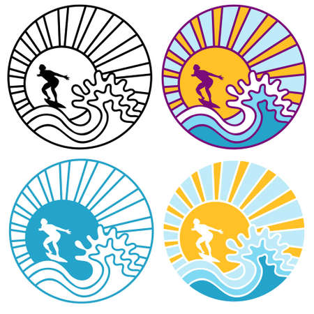 Surfing color vector illustration. Surfer man drive big sea waves and sunshine printable vector symbol illustrationのイラスト素材