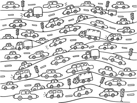 Cars background. Vector scetch outline cars illustration isolated on white backgroundのイラスト素材