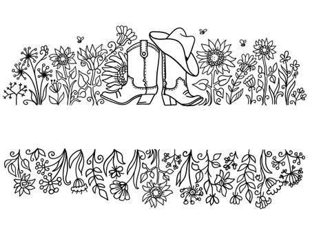 Cowboy boots and cowboy hat Country farm vector frame illustration with flowers decor background for design, print. Hand drawing vector background.のイラスト素材
