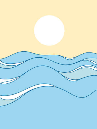 Sea waves seascape with sun horizone poster vector illustration for design. Sea minimalist modern line art landscape backgroundのイラスト素材