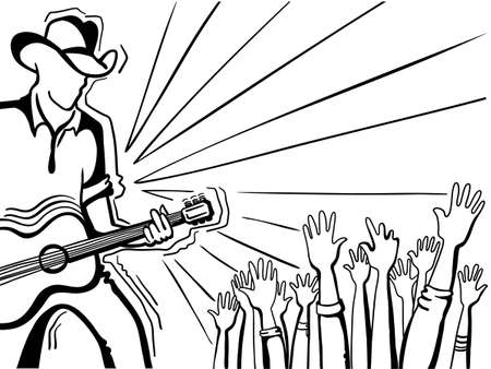 Musician playing guitar country music festival. Vector guitar player man with cowboy hat and fans on graphic scetch music backgroundのイラスト素材