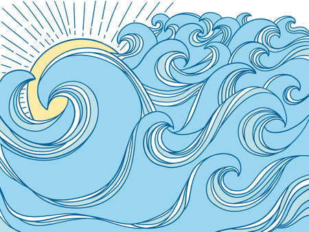 Sea waves seascape with sun horizone poster vector illustration for design. Sea minimalist modern line art landscape backgroundのイラスト素材