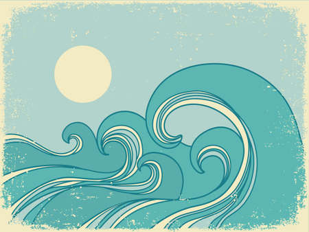 Sea waves outline blue illustration with sun background for print or design. Seascape hand drawn vector abstract wavesのイラスト素材