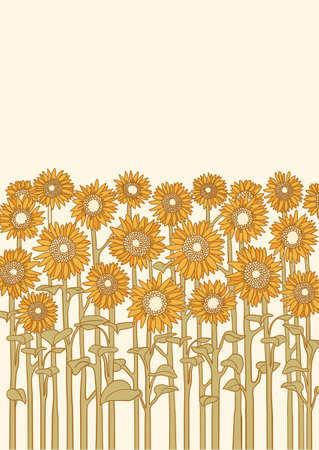 Sunflowers field vector vintage illustration nature landscape background for text. Vector graphic handdrawn line field sunflowersのイラスト素材