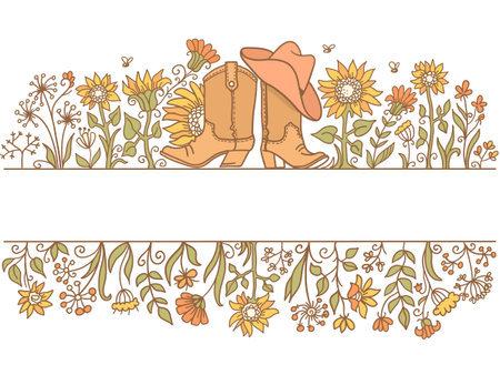 Cowboy boots and cowboy hat Country farm colors vector frame illustration with flowers decor background for design, print. Hand drawing vector background.のイラスト素材