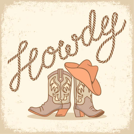 Cowboy boots and cowboy hat Country farm colors vector frame illustration with flowers decor background for design, print. Hand drawing vector background.のイラスト素材