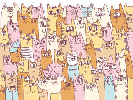 Cats background vector. Cute cartoon cats colors vector doodle hand drawn on white backgroundのイラスト素材
