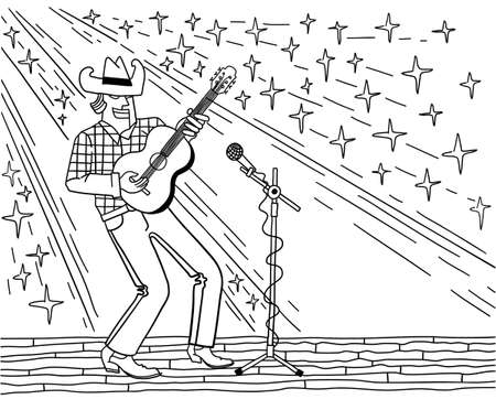 Country music stars background. Man wearing in cowboy outfit guitar player vector line illustration isolated on white.のイラスト素材