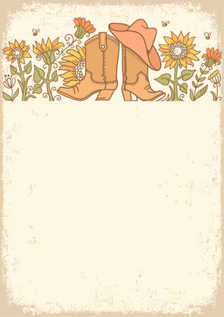 Cowboy boots and cowboy hat Country farm colors vector frame illustration with flowers decor background for design, print. Hand drawing vector background.のイラスト素材