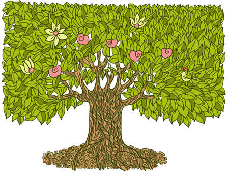 Hand drawn doodle big tree with fruits and green leaves. Vector abstract big tree with green leaves isolated on white background illustrationのイラスト素材