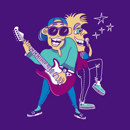 Musician with electric guitar. Concert of rock music. Singer with microphone standing on scene of night club vector color hand drawn illustration of music festivalのイラスト素材