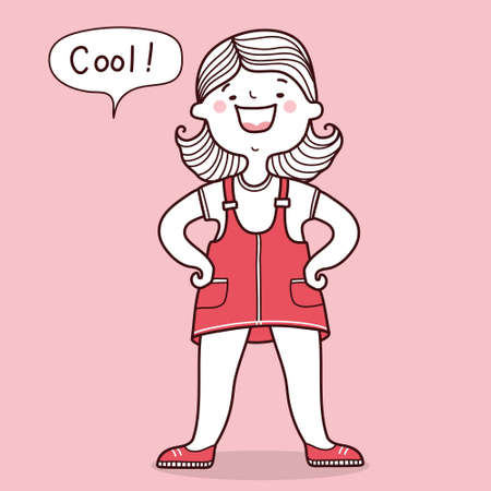 Young happy smiling girl teenager cartoon showing  success on pink card background. Hand drawn style vector design illustrations.のイラスト素材
