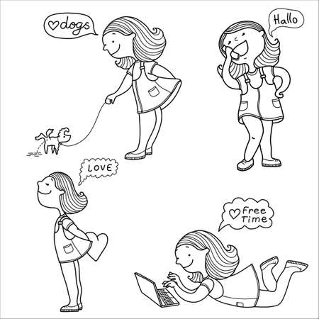 Set of young girls daily activities Vector hand drawn healthy lifestyle  on white. Teenager girl walk the dog, talk the phone, fall in love and use laptop isolated on whiteのイラスト素材