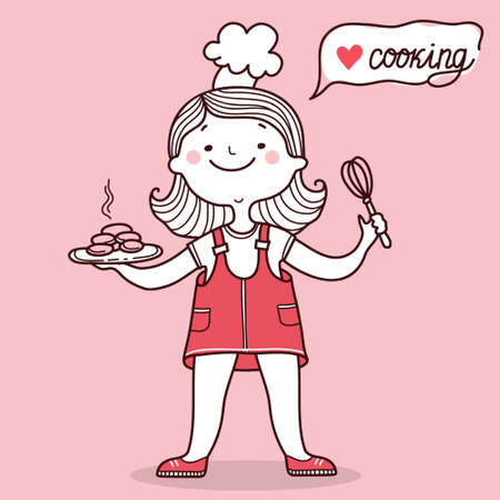 Pretty girl cooking card. Vector pink card background illustration with young chef backerのイラスト素材
