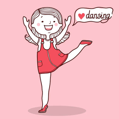 Young woman dancing. Vector hand drawn pink card illustration with pretty girl dancing on pink card backgroundのイラスト素材