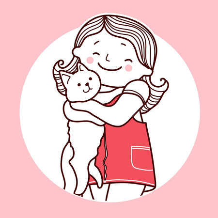 Nice girl hold cat. Vector hand drawn pink card illustration with teenager girl and white cat on pink greeting card backgroundのイラスト素材