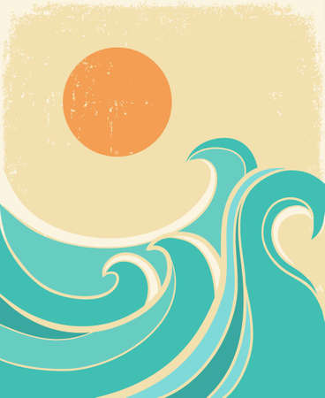 Ocean big wave vintage poster with sun on old paper backgroound. Sea minimalist modern line art landscape illustration backgroundのイラスト素材