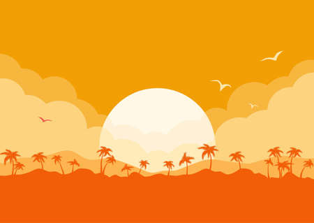 Tropical island vector poster with sun and clouds, palms silhouette on poster horizone seascape background for designのイラスト素材