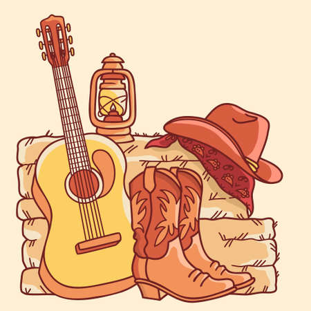 Country music background with acoustic guitar and american cowboy boots and cowboy hat on straw and hay. Vector hand draw Country farm illustrationのイラスト素材