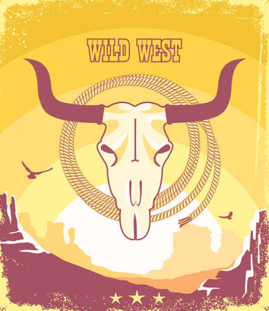 Western vintage poster background with buffalo skull and cowboy lasso. Vector wild west illustration on American desert landscapeのイラスト素材