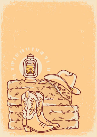 Cowboy boots and cowboy hat Country farm on old poster background with straw and hay on the floor of hayloft. Vector hand drawn vintage cowboy illustration for textのイラスト素材