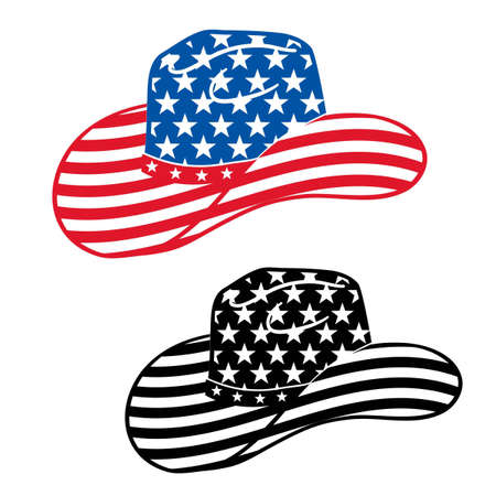 Cowboy hat in American flag stylish decoration. Vector traditional cowboy hat with patriotic decor isolated on whiteのイラスト素材