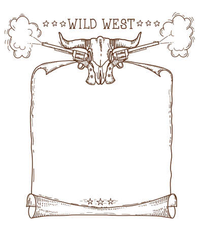 Western paper background for text. Vector cowboy Wild West hand drawn doodle illustration with buffalo skull and guns isolated on whiteのイラスト素材