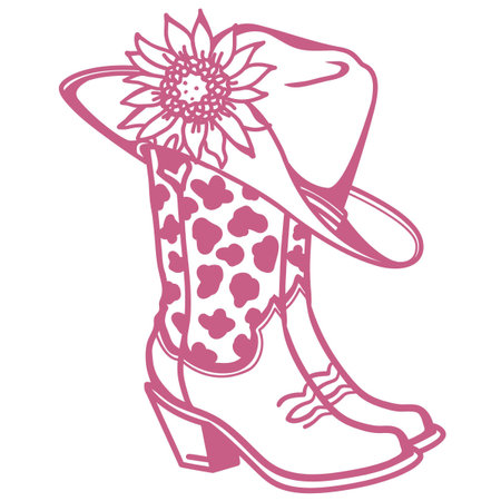 Cowboy boots and cowboy hat with  flowers decoration. Cowgirl boots vector pink graphic illustration isolated on white for print. Country wedding decorのイラスト素材