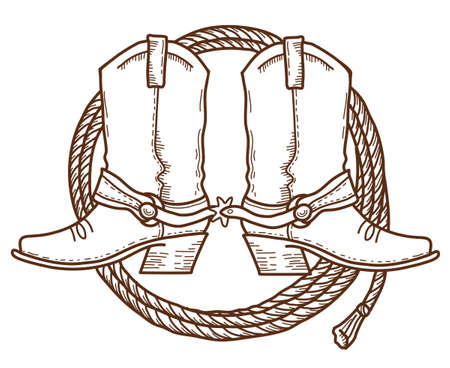 Cowboy boots and lasso. Vector brown hand drawn illustration with cowboy boots and rodeo lassoのイラスト素材