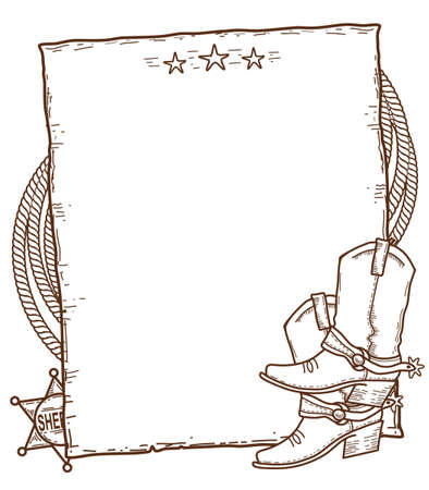Cowboy vintage paper background. Vector hand drawn illustration Wild West Poster with cowboy boots and sheriff star and lasso isolated on whiteのイラスト素材