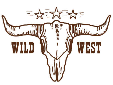 Wild West symbol of buffalo skull, stras and text on white background. Vector hand drawn illustration of the state of Texas.のイラスト素材