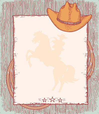 Cowboy poster background for text. Vector hand drawn vintage illustration with Western Cowboy hat and lasso on the wooden texture paperのイラスト素材