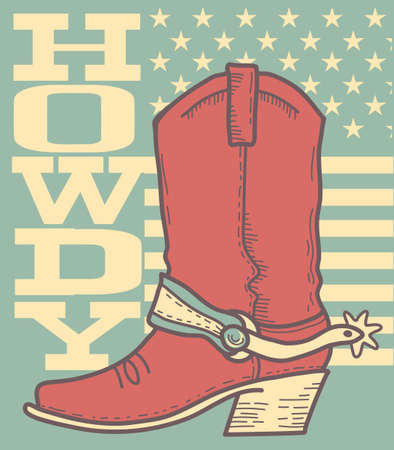 Cowboy vintage poster background with cowboy boot. Vector Howdy text illustration with cowboy boot on old paper American flagのイラスト素材
