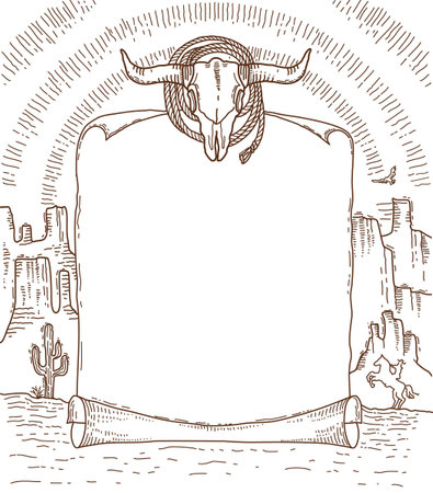 Wild West paper background for text. Vector cowboy western hand drawn doodle illustration with buffalo skull and lasso on American canyon desert and cowboy.のイラスト素材